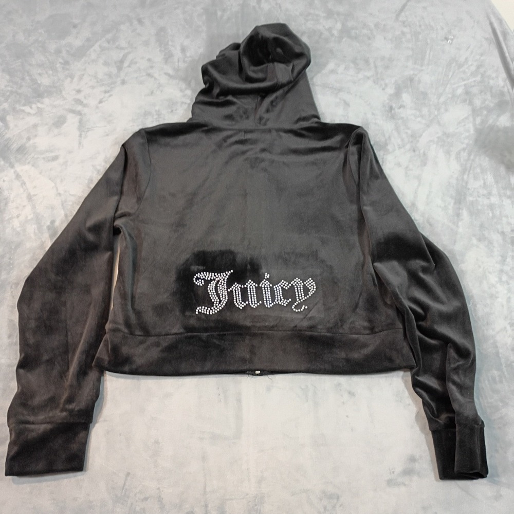 Juicy Couture Black Velour Rhinestone Logo Cropped Zip Up Hoodie XL RN114186